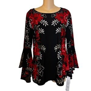 Coco Biaco Women's Pullover Top Small NWT Black Red Floral Flare Sleeve